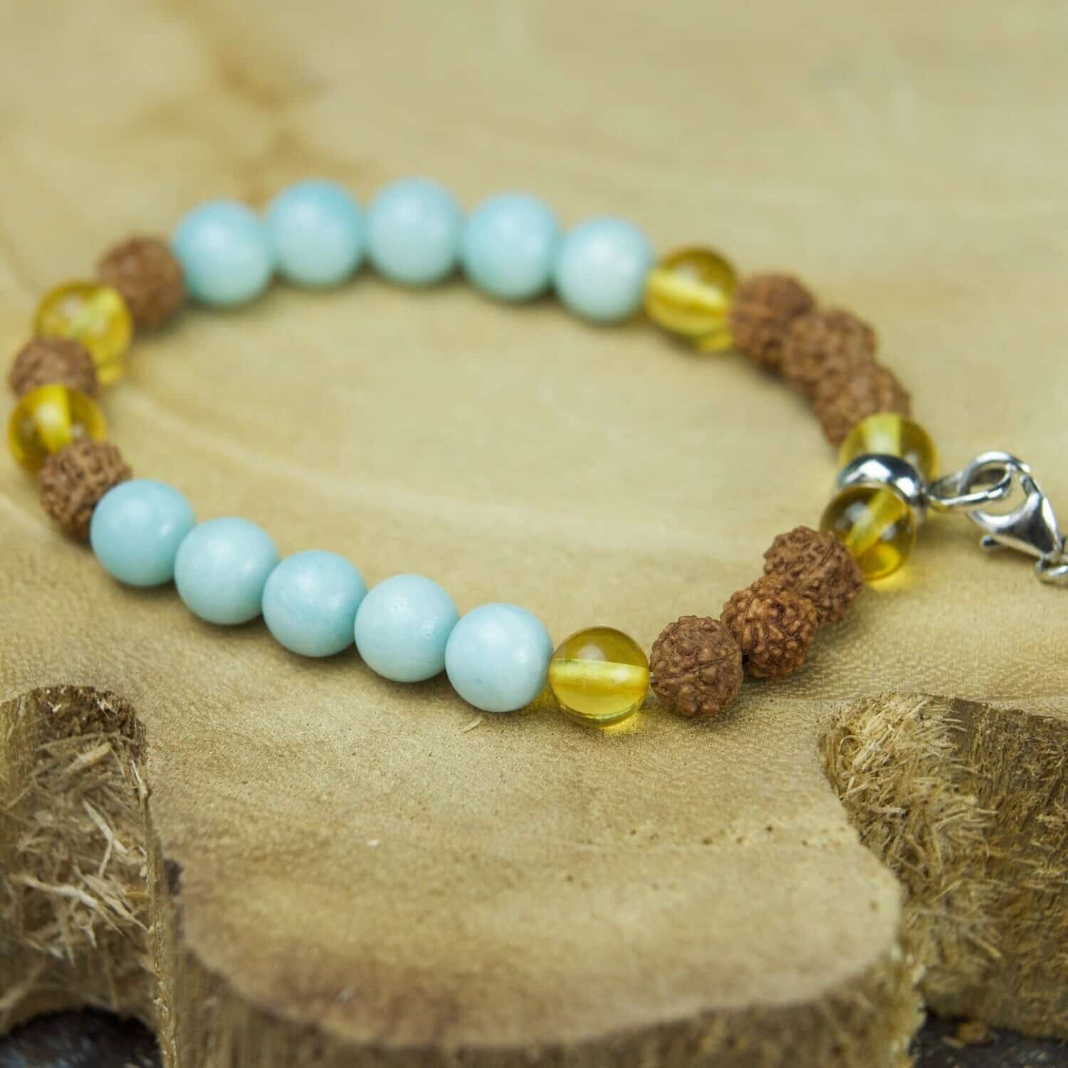 Bracelet Mala en Amazonite, Ambre jaune & Rudraksha