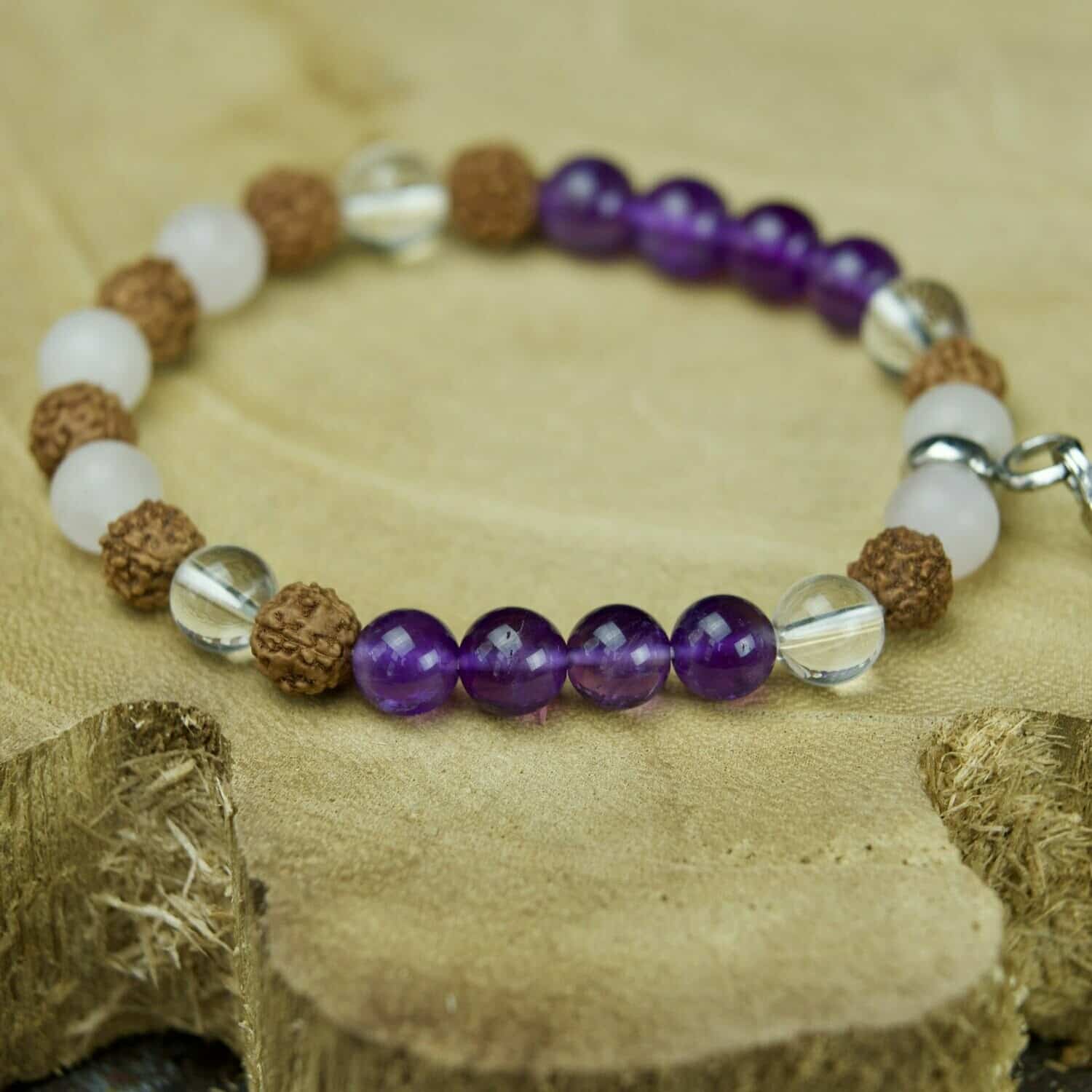 Bracelet Mala en Améthyste, Quartz Rose & Rudraksha