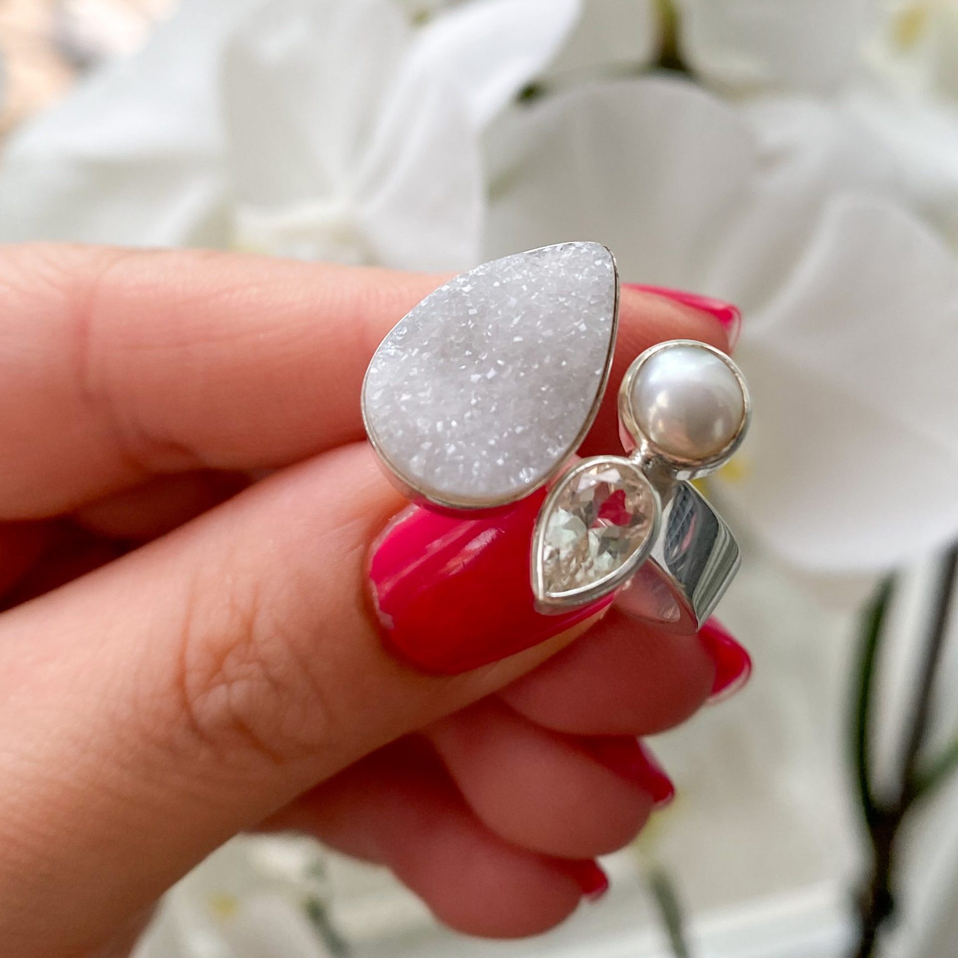 Bague Agate Druse goutte, Topaze blanche et Perle d’eau douce