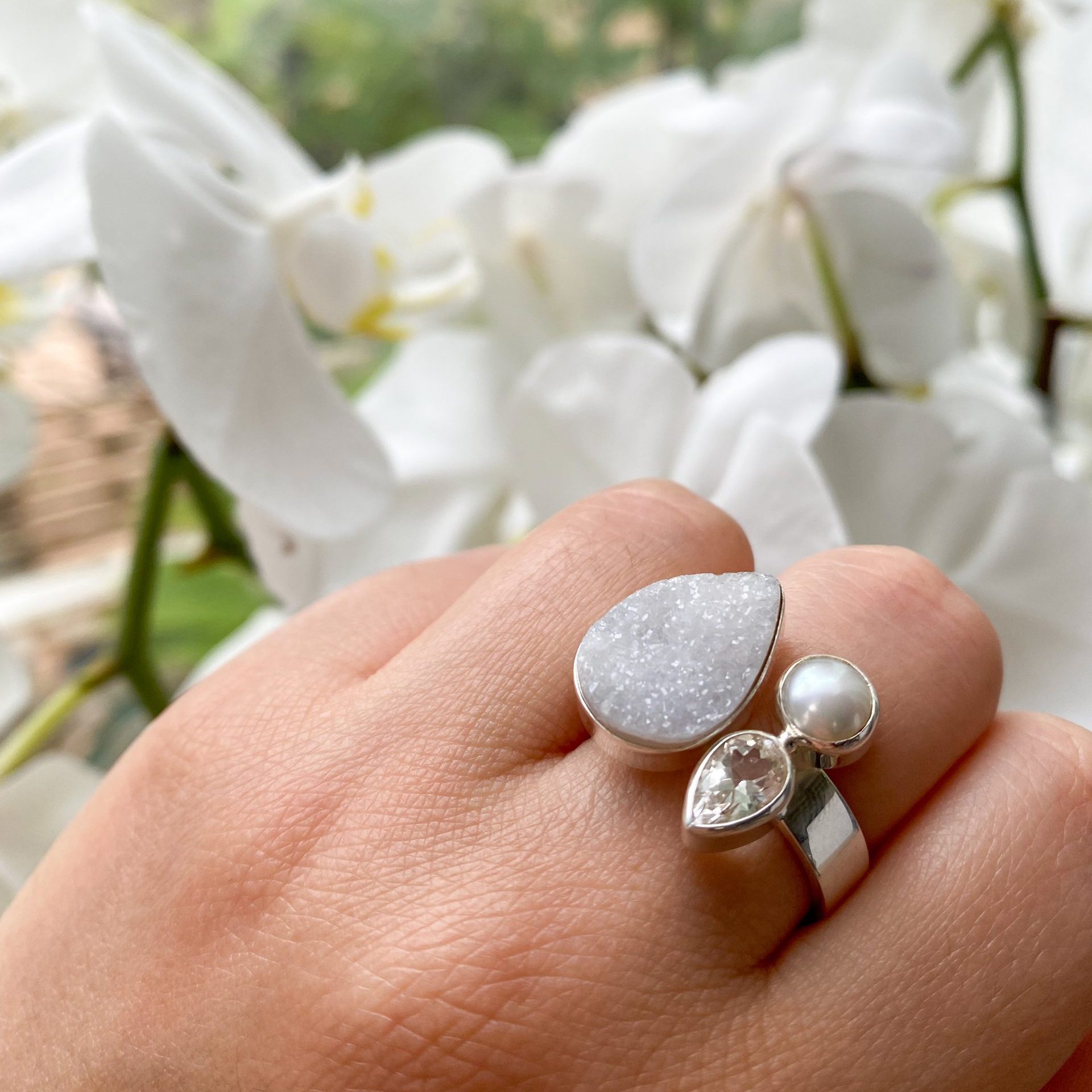Bague Agate Druse goutte, Topaze blanche et Perle d’eau douce
