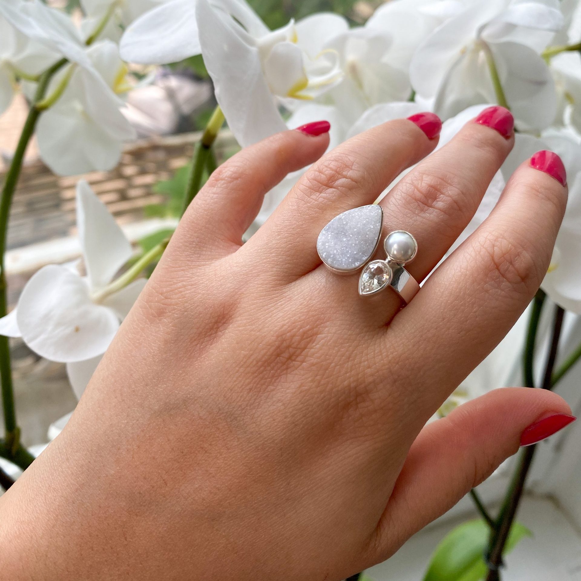 Bague Agate Druse goutte, Topaze blanche et Perle d’eau douce