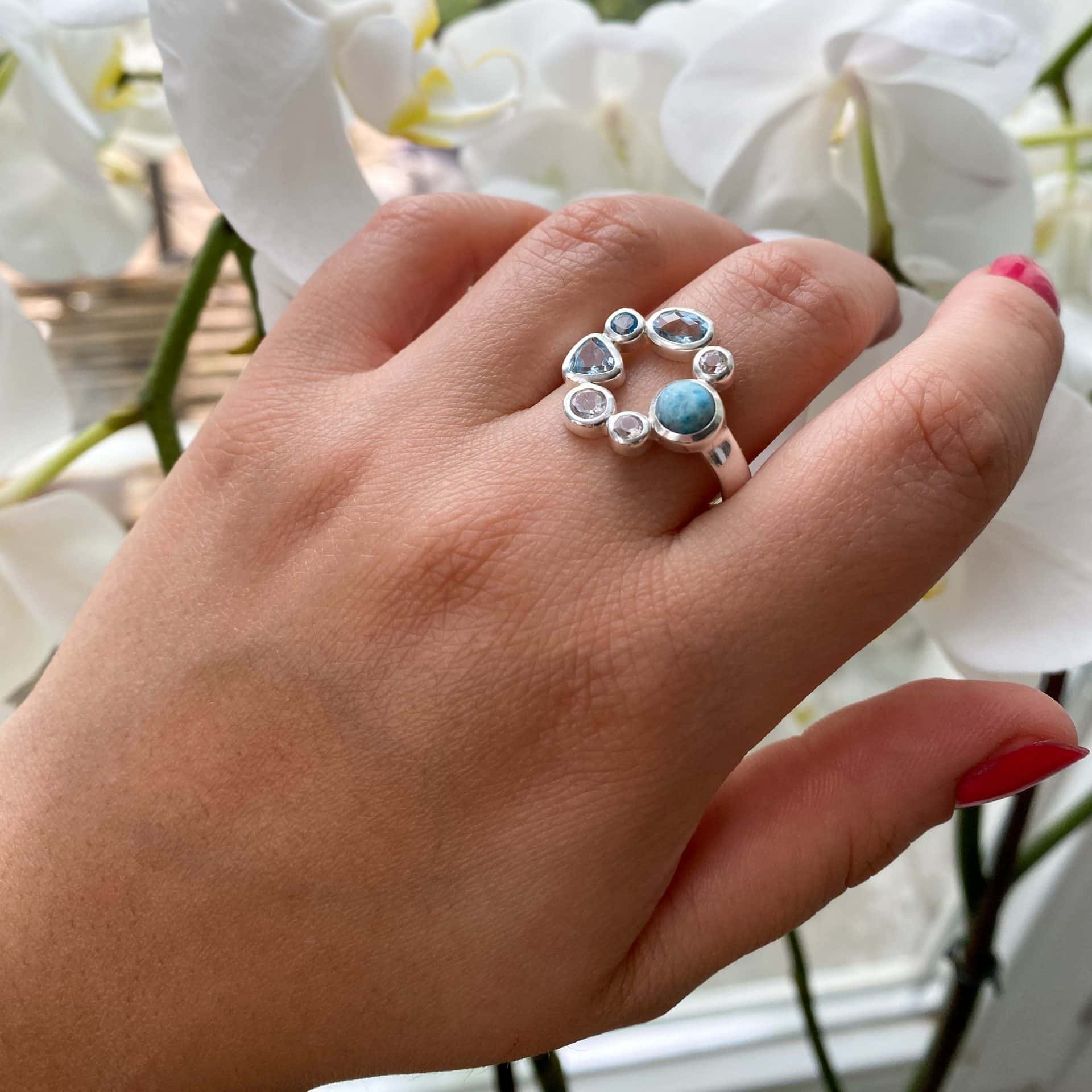 Bague Larimar, Topaze blanche et Topaze bleue