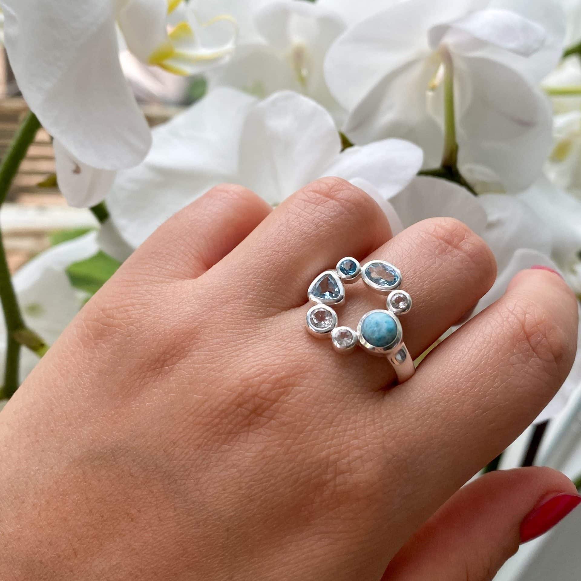 Bague Larimar, Topaze blanche et Topaze bleue