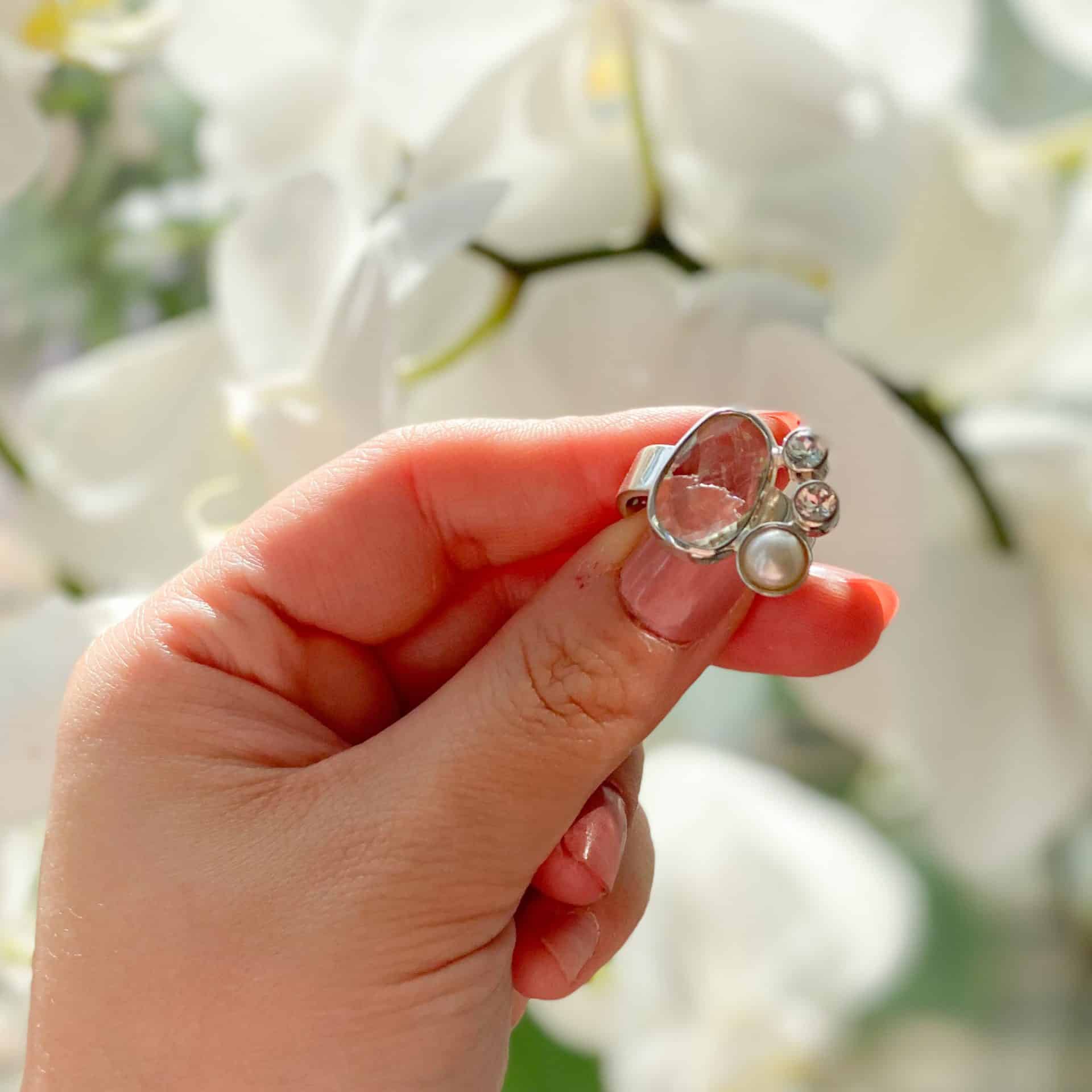 Bague Prasiolite, Topaze blanche et Perle d'eau douce