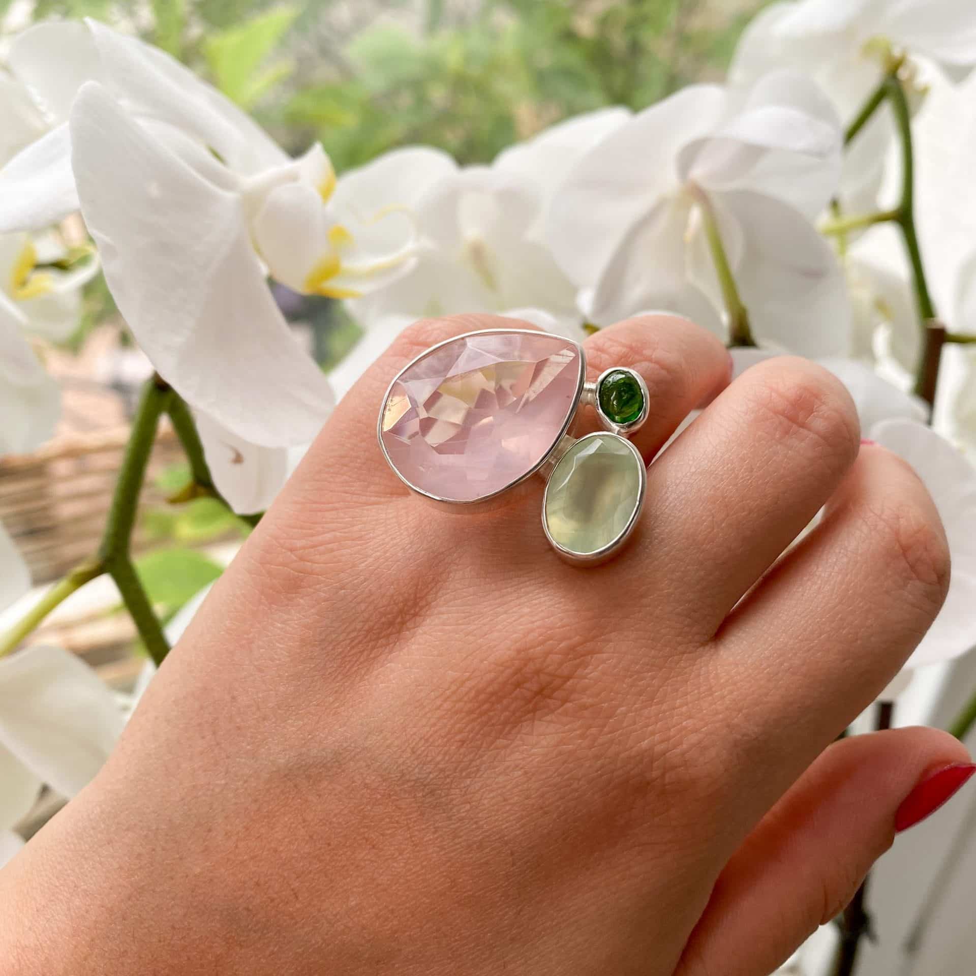 Bague Quartz Rose, Prehnite et Diopside de Russie