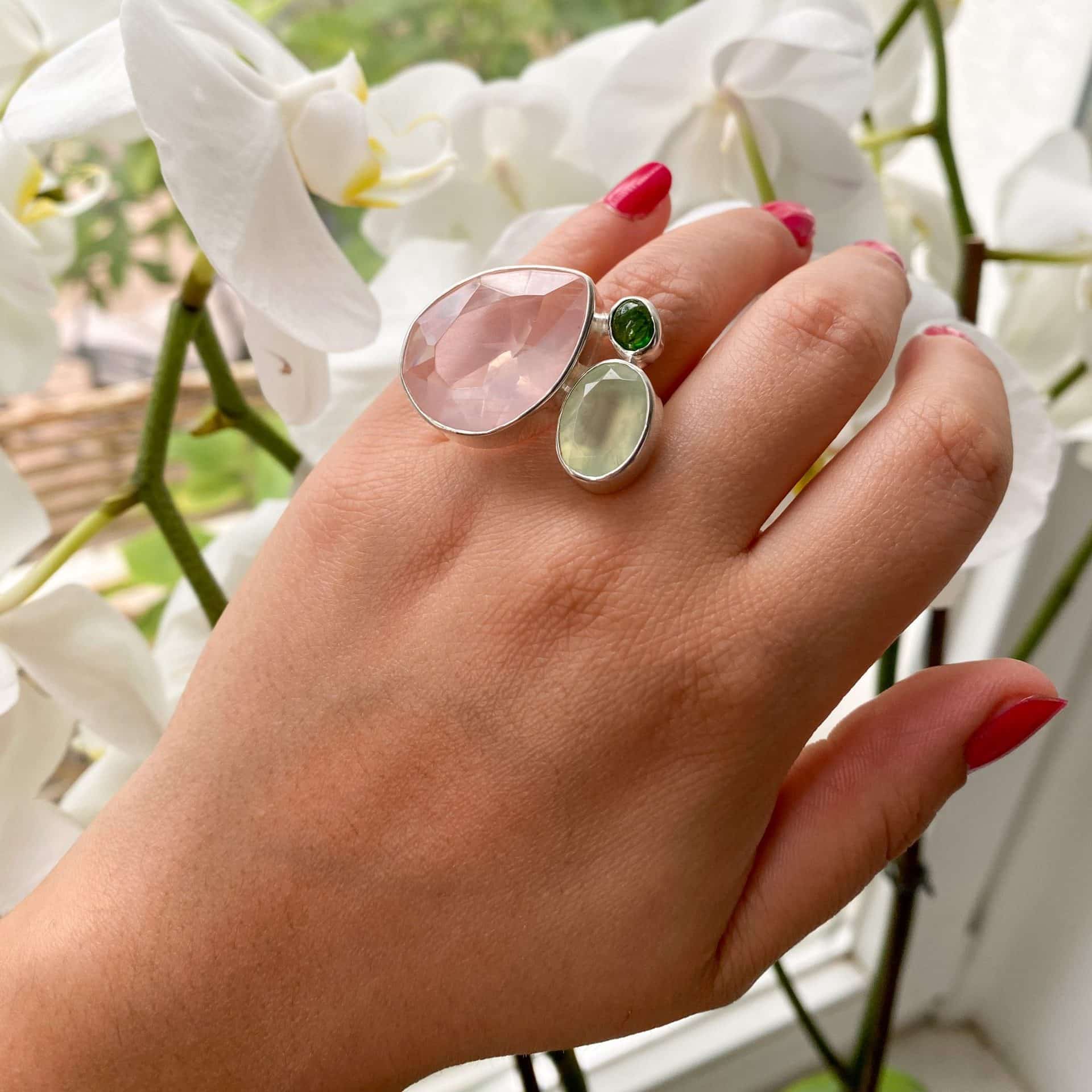 Bague Quartz Rose, Prehnite et Diopside de Russie