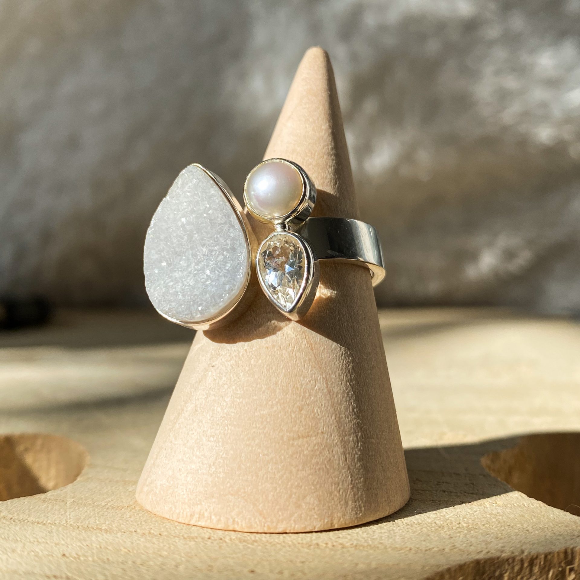 Bague Argent 925 Cocktail Agate Druse, Topaze & Perle d'Eau Douce – Image 5