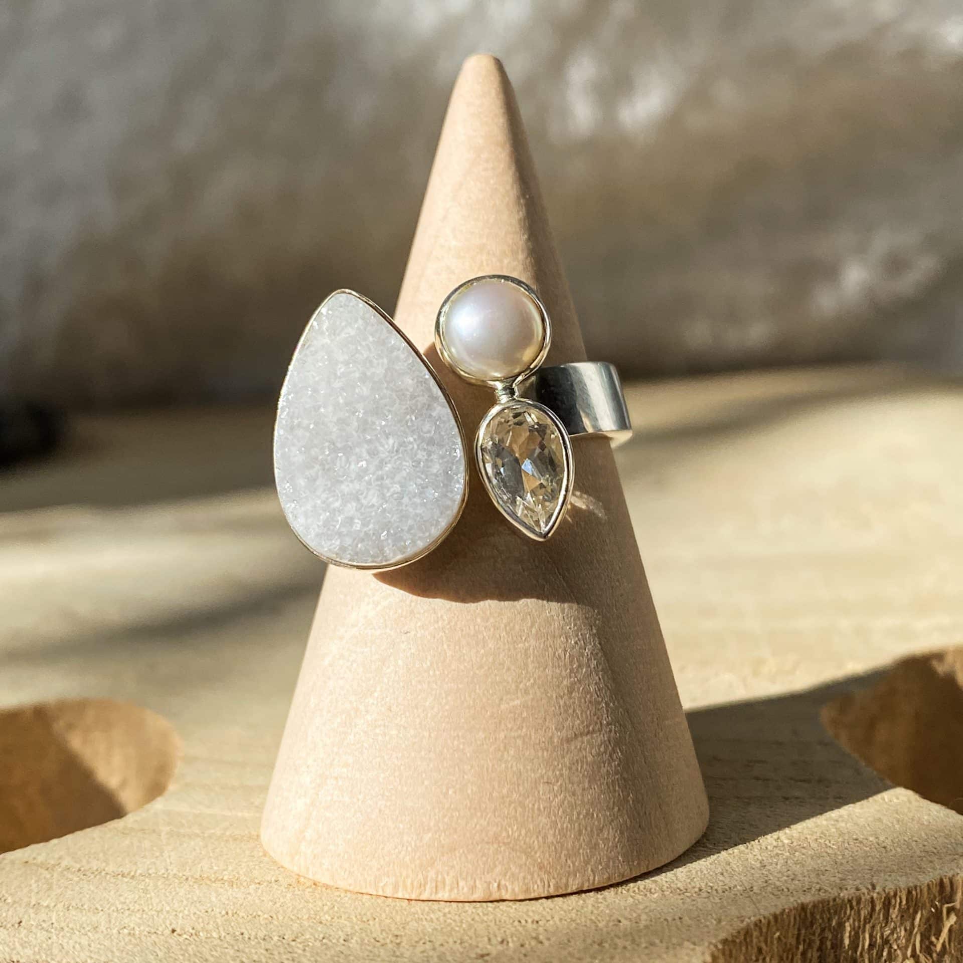 Bague Argent 925 Cocktail Agate Druse, Topaze & Perle d'Eau Douce