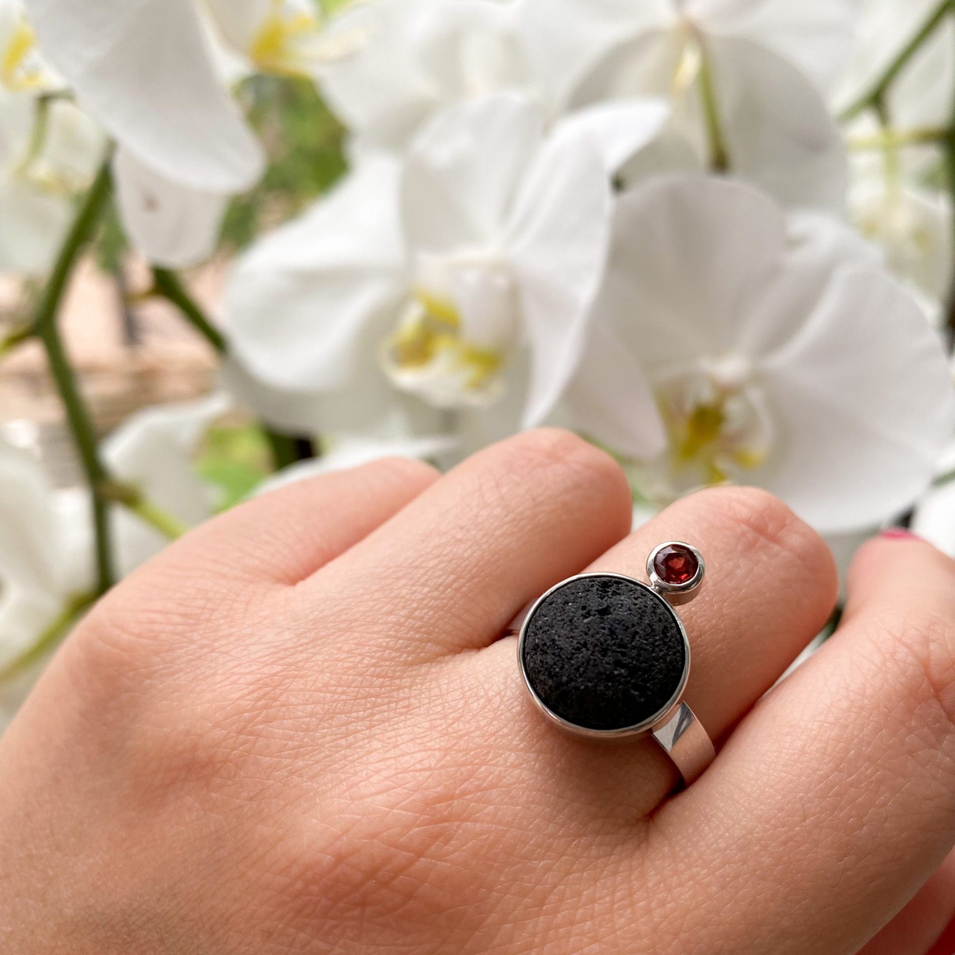 Bague Grenat et Pierre de Lave en argent