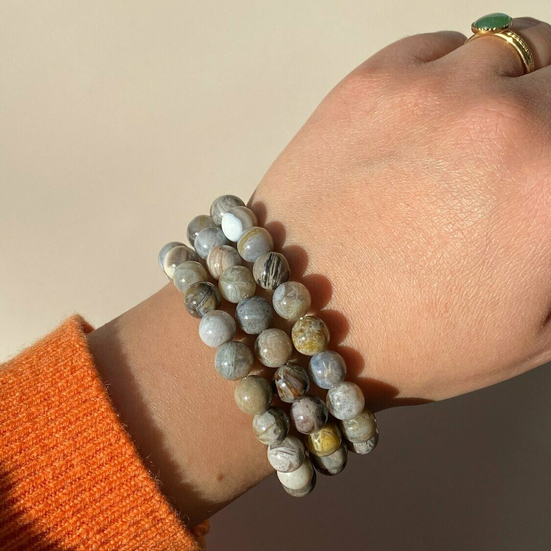 Bracelet boules Agate Plume