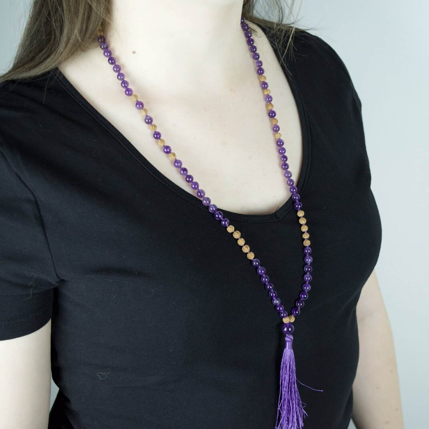 Collier Mala en Améthyste & Rudraksha