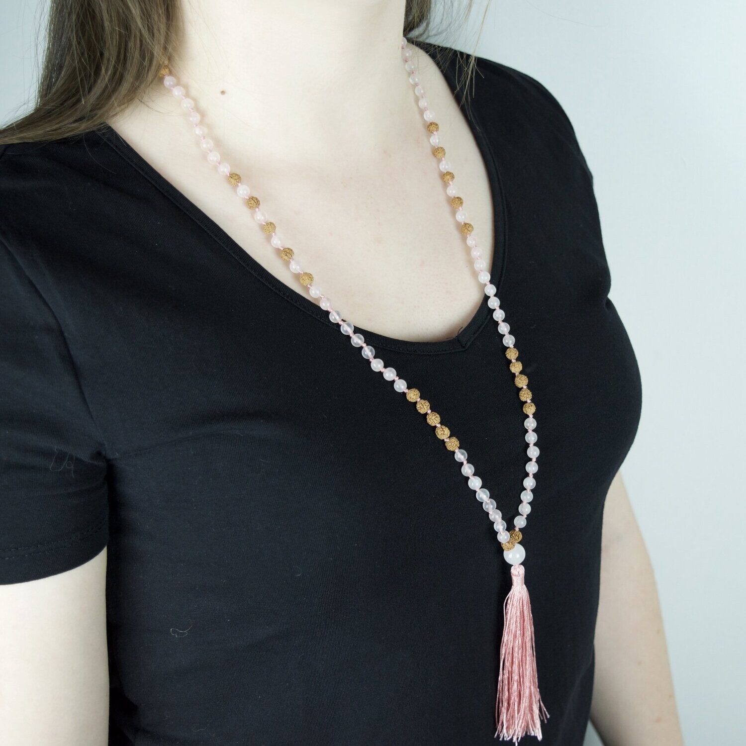 Collier Mala en Quartz Rose & Rudraksha