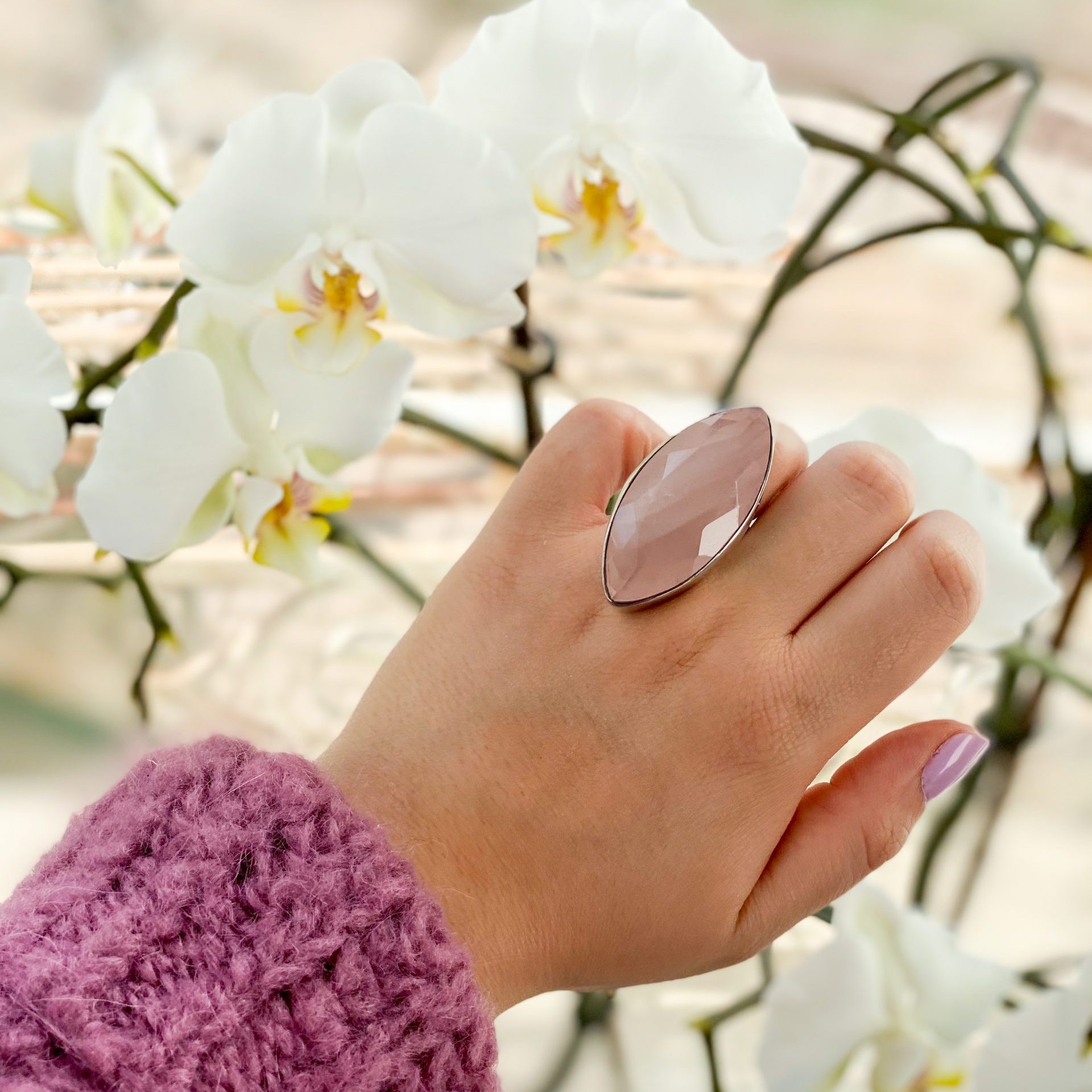 Bague Argent 925 Solitaire Quartz Rose Navette Giante – Image 3