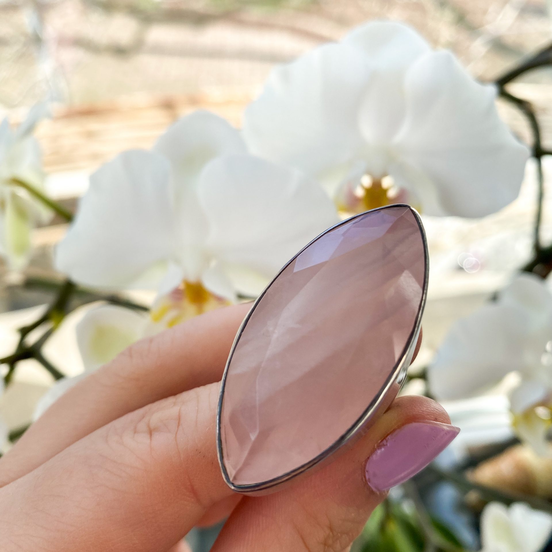 Bague Argent 925 Solitaire Quartz Rose Navette Giante – Image 4