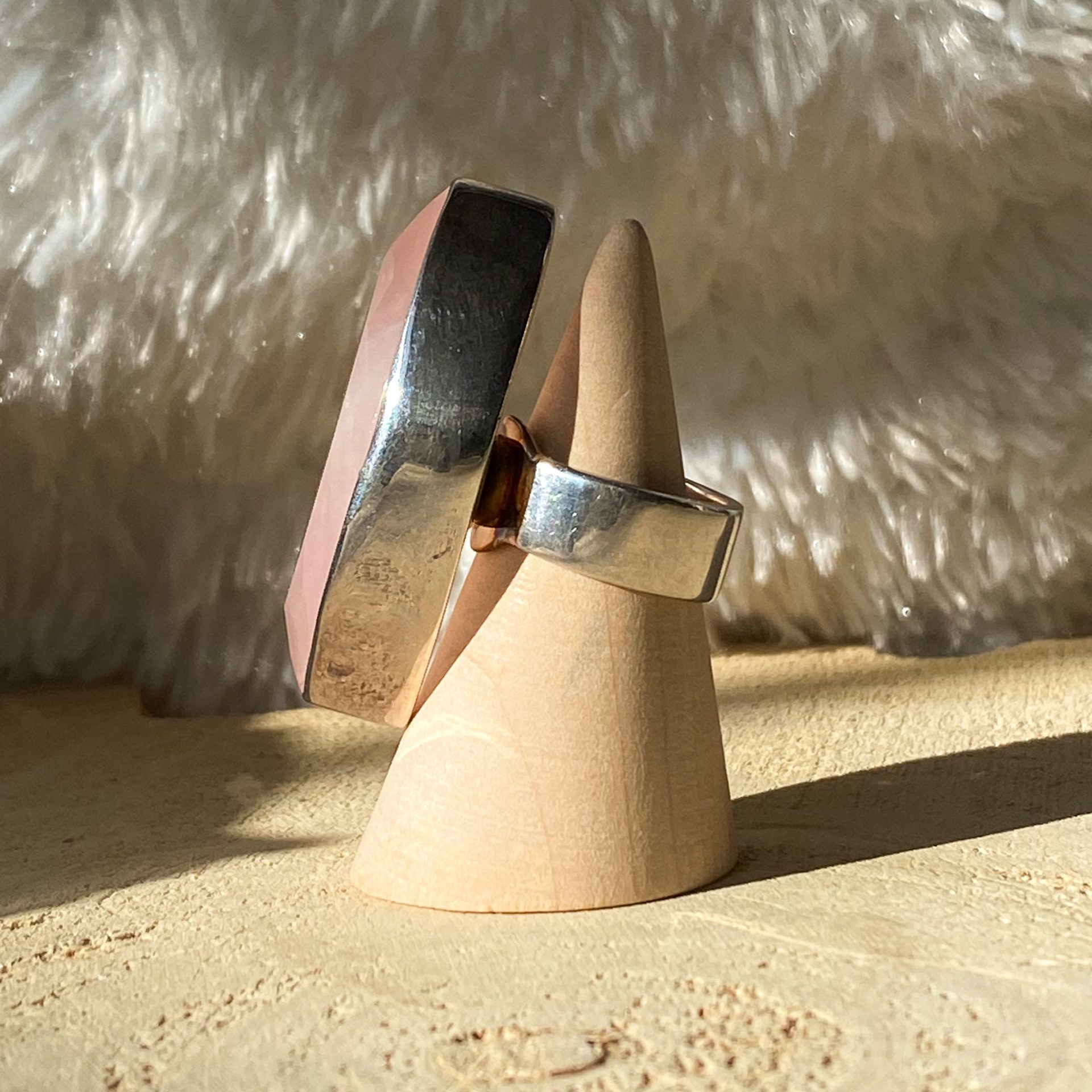 Bague Argent 925 Solitaire Quartz Rose Navette Giante – Image 5