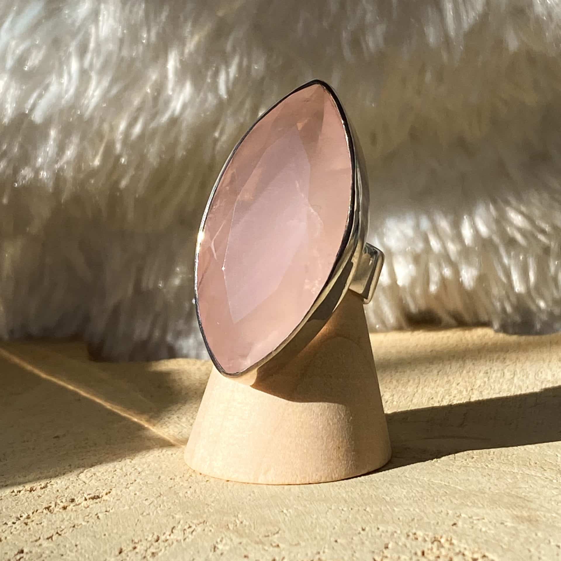 Bague Argent 925 Solitaire Quartz Rose Navette Giante