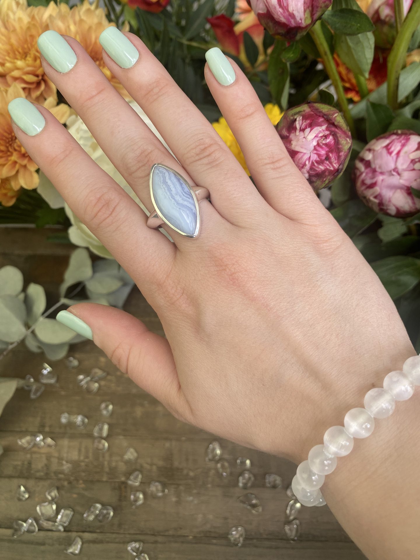 Bague Argent 925 Solitaire Calcédoine Bleue