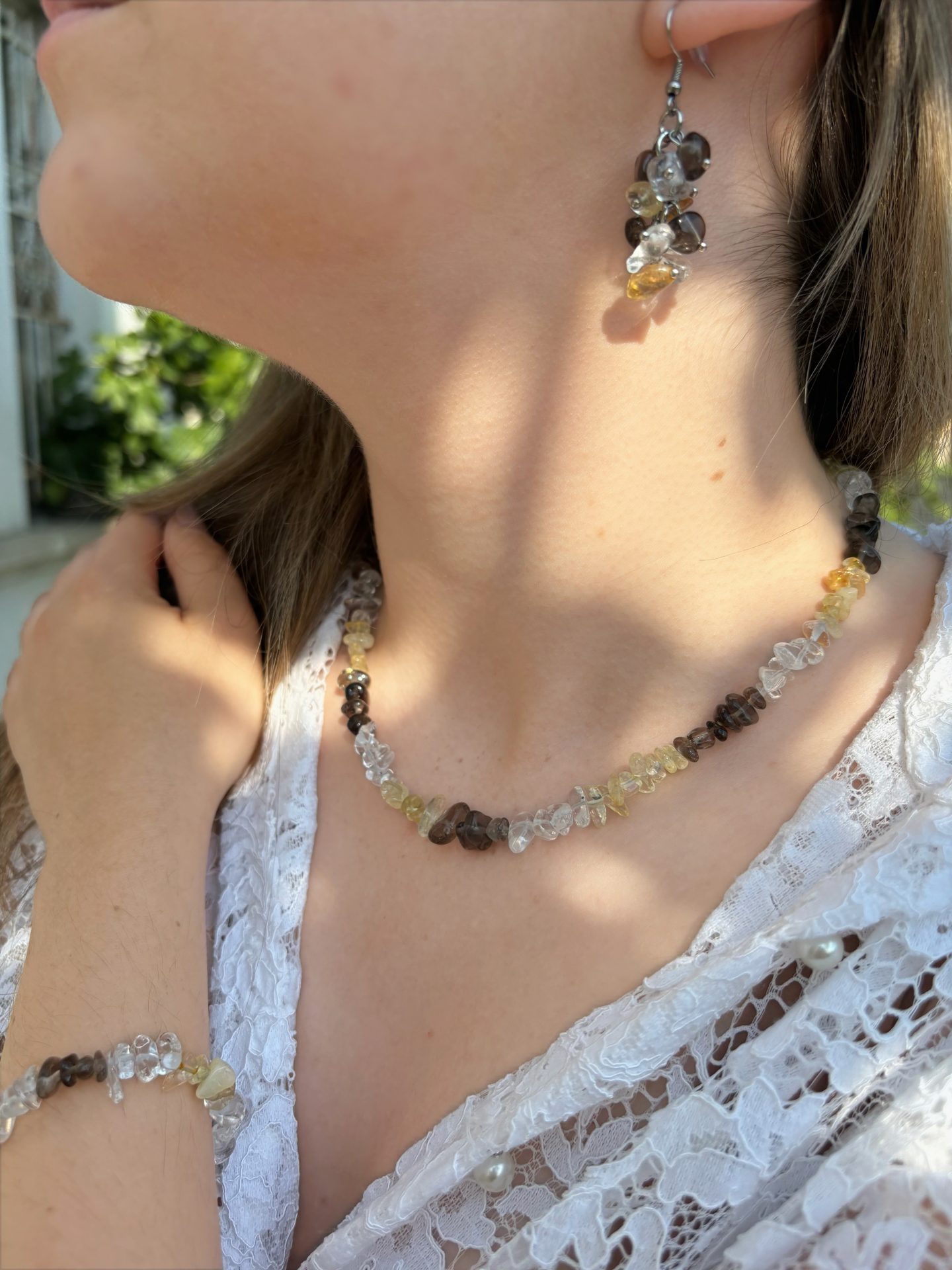 Parure Joie de Vivre & Apaisement en Cristal de Roche, Citrine naturelle, Quartz Fumé – Collection Trio Éthéré