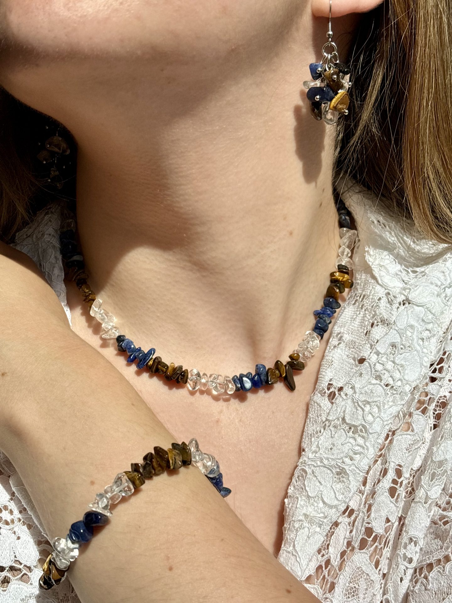 Parure Perspective & Connaissance en Œil de Tigre, Sodalite, Cristal de Roche – Collection Trio Éthéré