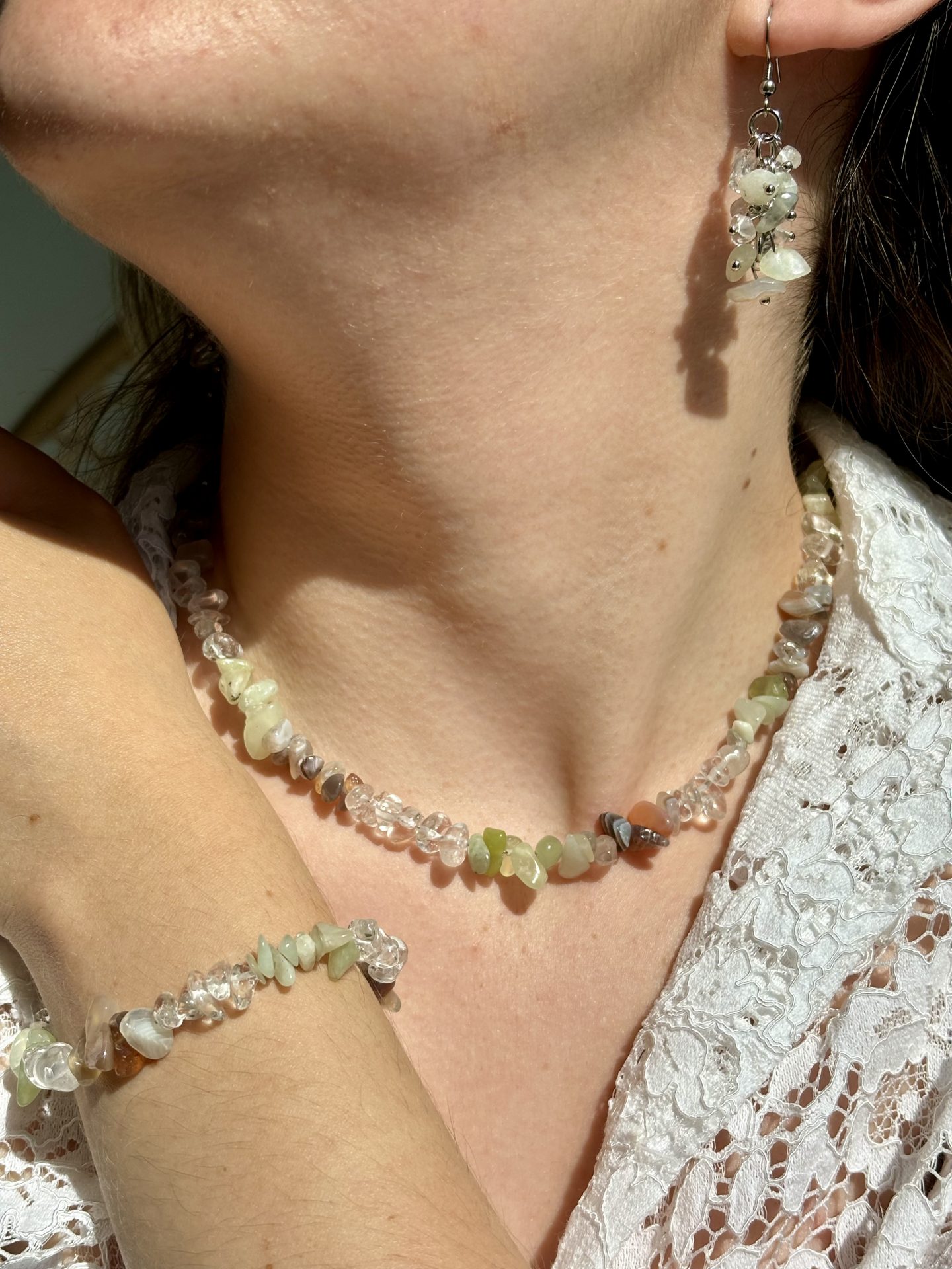 Parure Protection & Sécurité en Agate, Serpentine, Cristal de Roche – Collection Trio Éthéré