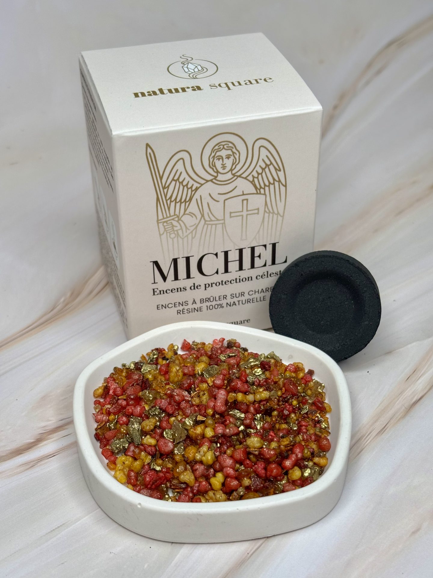 Résine d’Encens Archange Michel — Oliban, Benjoin de Sumatra & Dammar — Encens Traditionnel 100 % Naturel sur Charbon