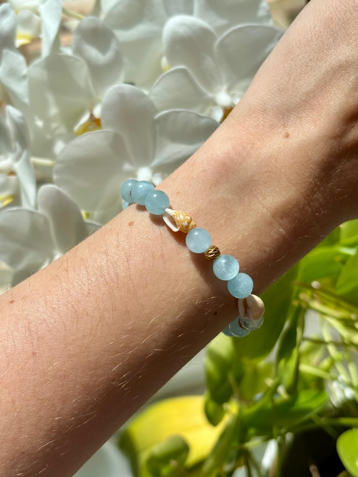 Bracelet Sphères Aigue-Marine AAA & Coquillages de Tahiti - Capsule Solaire