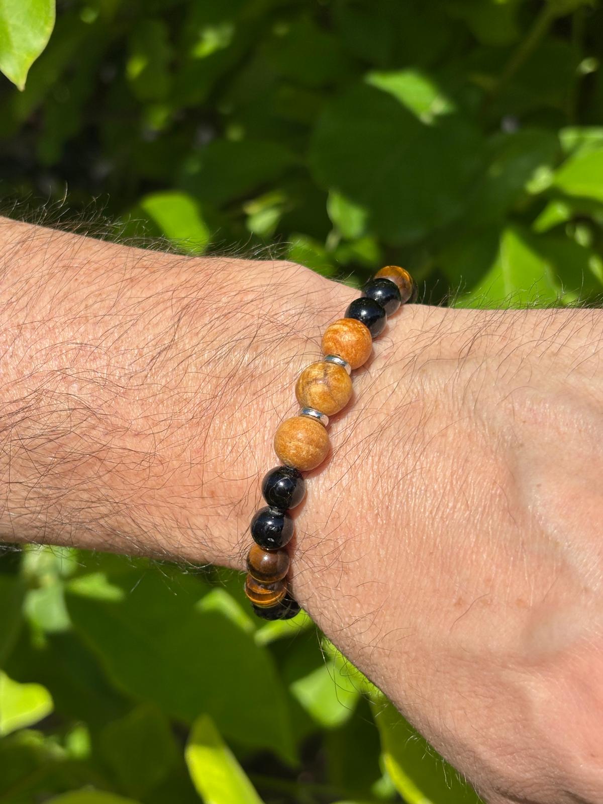 Bracelet ÔM Sphères Oeil de Tigre, Tourmaline Noire & Palo Santo - Capsule Solaire