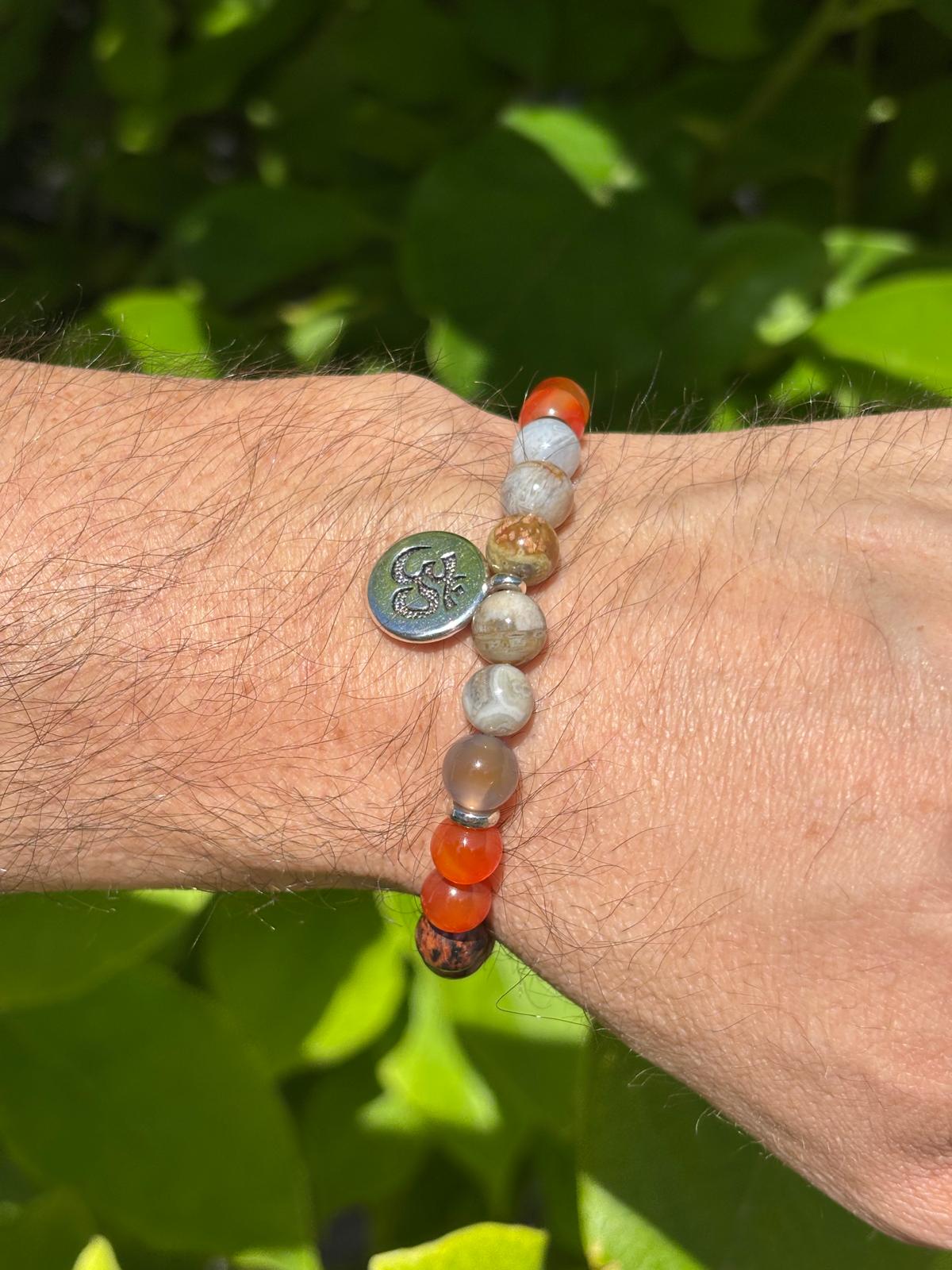 Bracelet ÔM Sphères Agate Plume, Obsidienne Acajou, Jaspe Rouge & Cornaline - Capsule Solaire
