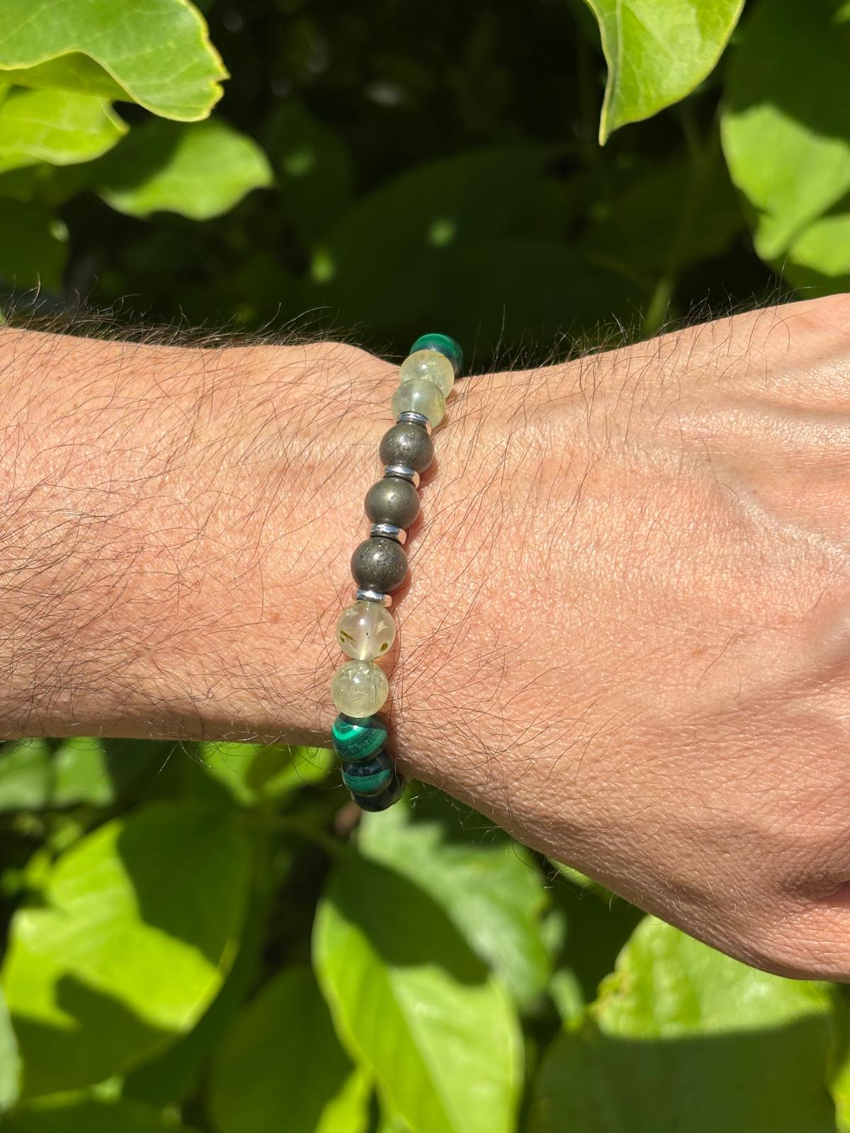 Bracelet ÔM Sphères Malachite, Préhnite & Pyrite  - Capsule Solaire
