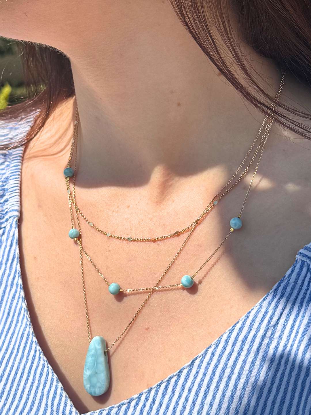 Collier Triple Chaîne Larimar de République Dominicaine AAA - Pièce Unique